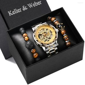 Polshorloges casual sport klok heren mechanisch horloge kralen armband geschenk set roestvrijstalen riemt topband luxe polshorloge voor man