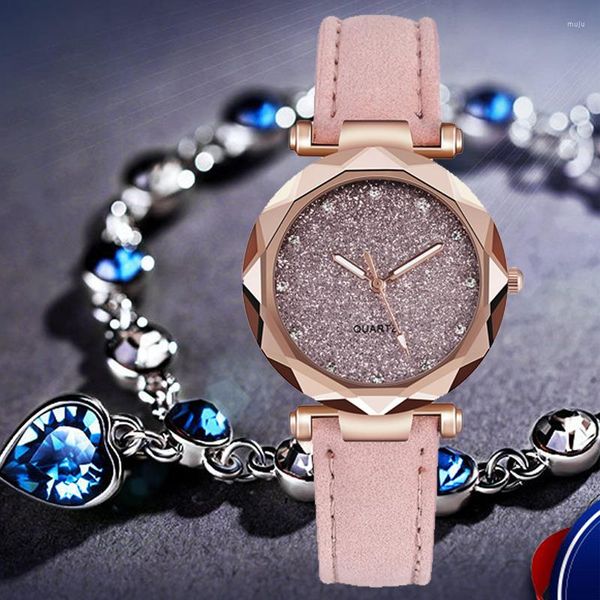 Relojes de pulsera Casual Mujer Romántico Cielo estrellado Reloj de pulsera Mujer Azul Corazón Pulsera Cuero Rhinestone Diseñador Señoras Relojes de cuarzo Reloj