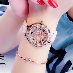 Horloges Keramiek horloge damesmode met diamanten ingebed kleurrijk vol diamanten sterrenhemel roze grote wijzerplaat elegant kwarts