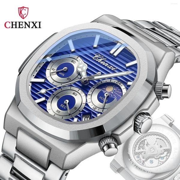 Montres-bracelets CHENXI 0092 Transparent Multifonctionnel Véritable Trois Yeux Calendrier Calendrier Étanche En Acier Montre-Bracelet Tendance