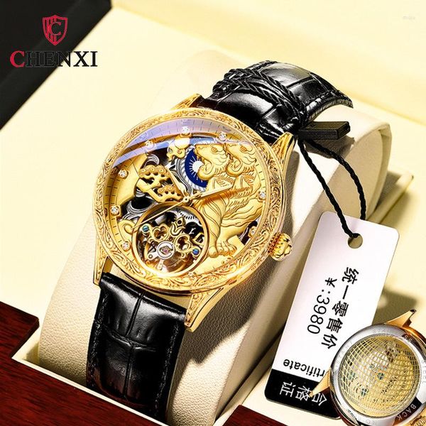 Relojes de pulsera CHENXI 6029H Hebilla de cuero de tigre Reloj mecánico completamente automático para hombres Reloj de volante dorado brillante a prueba de agua
