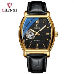 Polshorloges chenxi 8815a heren mechanisch horloge high -end vol automatisch mode vierkant hol uit waterdichte lederen band pols horloges