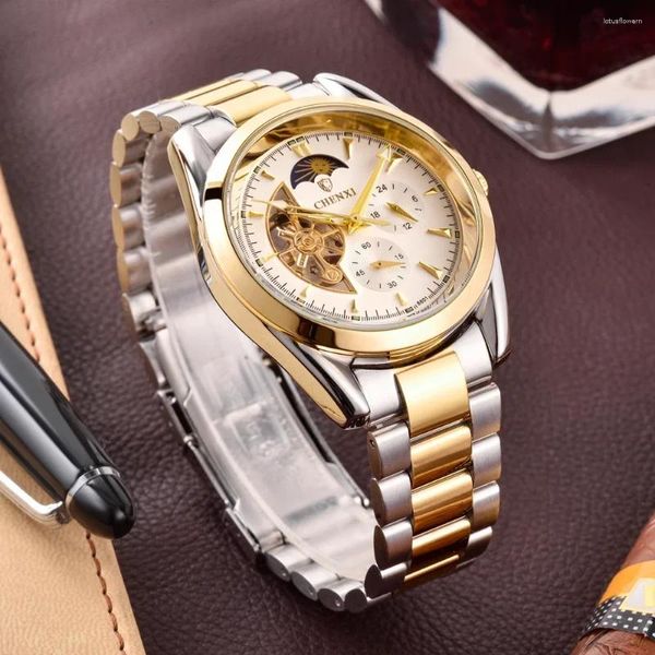 Montres-bracelets CHENXI Mode Luxe Or Montre Hommes Tourbillon Montres Phase de Lune Squelette Automatique Mécanique Montre Homme