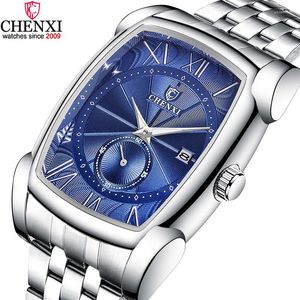 Relojes de pulsera CHENXI para hombre, relojes rectangulares de acero inoxidable azul y plateado, reloj de negocios para hombre, reloj antiguo Retro resistente al agua para