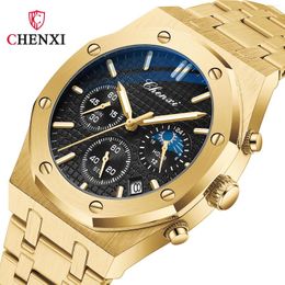 Montre-bracelets Chenxi Men Watch Top Gold en acier inoxydable Quartz imperméable pour Chronograph Moon Phase Clock