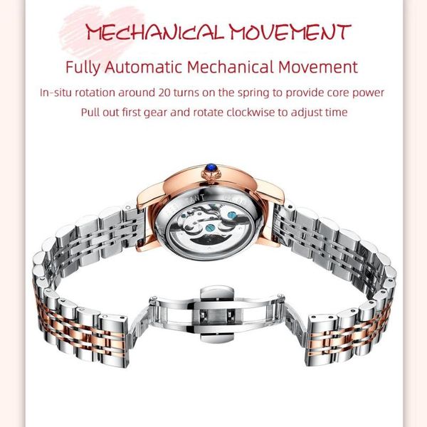 Montres-bracelets CHENXI Poignet pour femme Montre mécanique à la mode Robe élégante Diamant Horloge lumineuse Calendrier Remontage automatique Montres pour dames