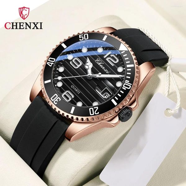 Wallwatches Chenxi8285 marca original de cuarzo para hombres date impermeable correa de silicona vigilancia deportiva para hombres