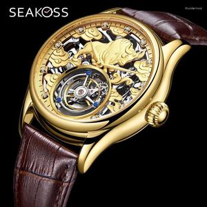 Horloges Chinese 12 Dierenriem Koe Heren Skeleton Tourbillon Horloge Handopwind Beweging Heren Mechanische Horloges Saffier Waterdichte Klokken