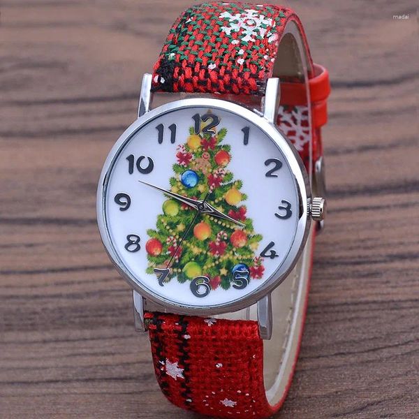 Mujeres de pulsera Tree Christmas Women's Watches Casual Quartz de color brillante Correa de cuero Lindo Reloj