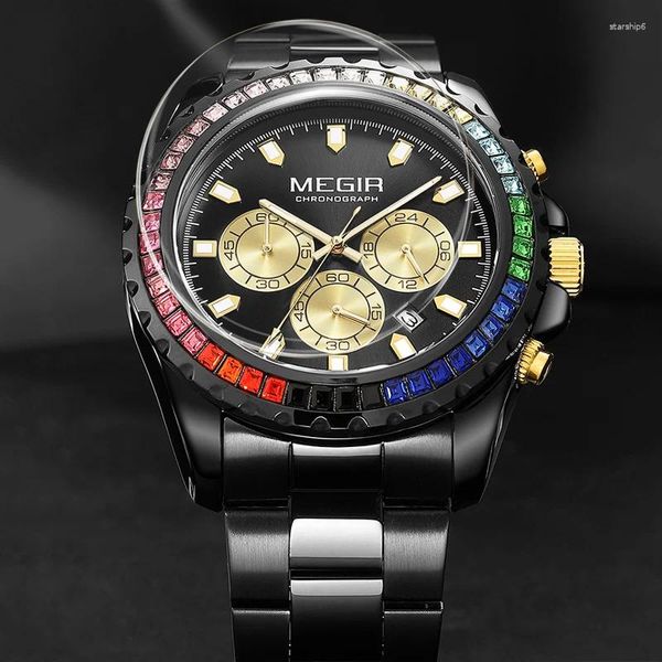 Relojes de pulsera Cronógrafo Relojes de cuarzo para hombres de moda con manecillas de diamantes de imitación Fecha Correa de acero inoxidable Reloj de pulsera analógico negro Masculino