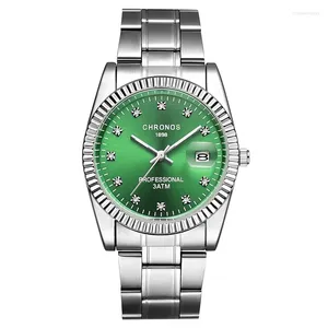 Montres-bracelets Chronos Homme Quart étanche Montre avec date Analogique Business Mâle Acier inoxydable Strass Vert Bleu Cadran