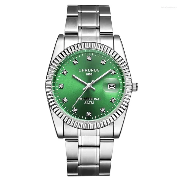 Montres-bracelets Chronos Homme Quart étanche Montre avec date Analogique Business Mâle Acier inoxydable Strass Vert Bleu Cadran