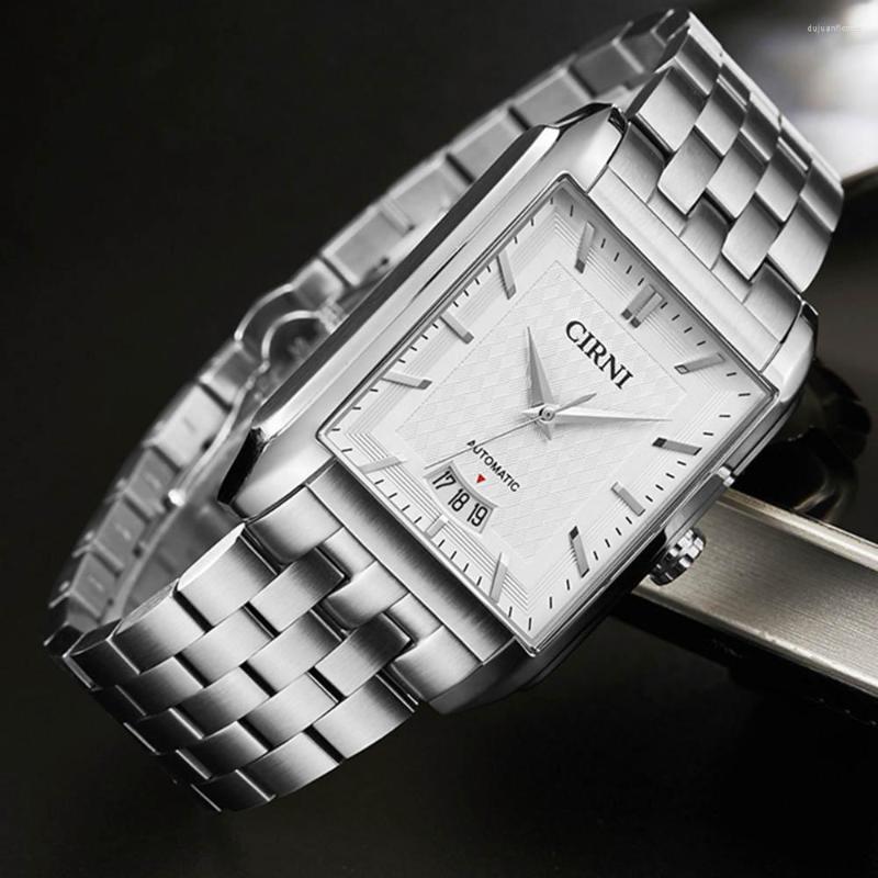 Нарученные часы Cirni Luxury Dress Watch Men Automatic Business Self-Wind Mechanical Watch Watches Прямоугольник календарь из нержавеющей стали часы