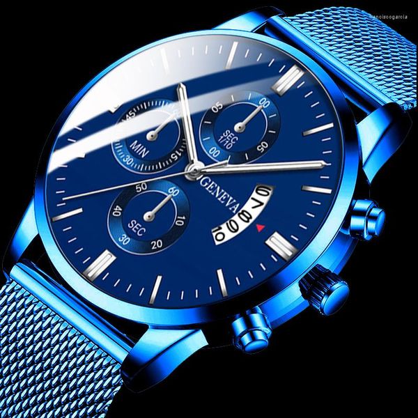 Montres-bracelets classiques bleu acier inoxydable maille hommes montres genève montre pour hommes mode Quartz goutte Reloj Hombre XFCS