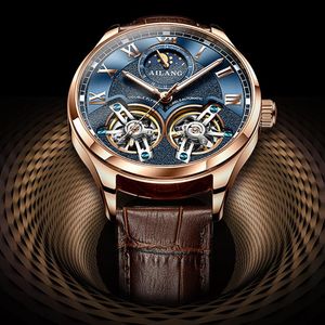 Relojes de pulsera clásico doble volante Tourbillon Reloj automático fase lunar relojes mecánicos para Hombre correa de cuero oro rosa Reloj Hombre 2022