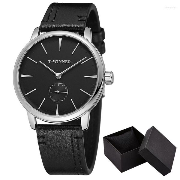 Relojes de pulsera Reloj mecánico de cuerda manual para hombres clásicos Reloj simple en blanco y negro Reloj de pulsera masculino de cuero genuino para hombre de negocios