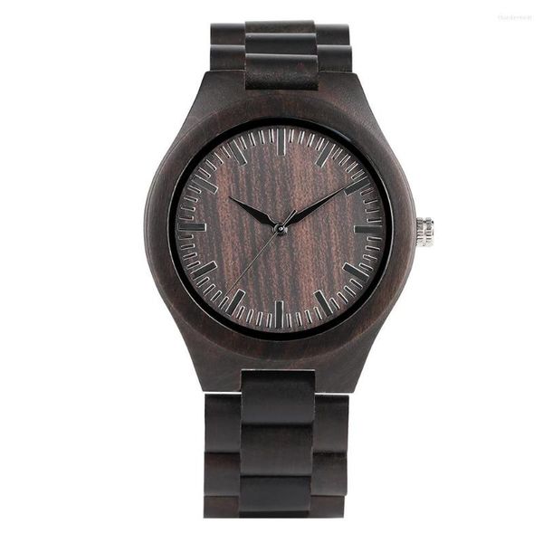 Relojes de pulsera de cuarzo de madera de ébano con estilo clásico para hombre, banda de madera completa, pantalla de escala minimalista informal, Reloj de moda para hombre