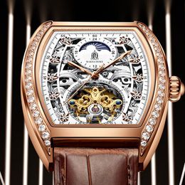 Relojes de pulsera Classic Tunneau Tourbillon Watch Automatic Skeleton Mechanical Mens Business Relojes W / Diamond Rose Gold Relogio masculino 202