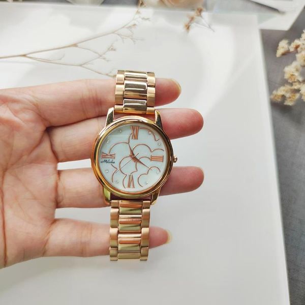 Relojes de pulsera Stock limpio Gran venta Caja redonda Reloj de cobre para mujer Blanco / oro rosa y esfera linda Relojes de pulsera de banda ancha