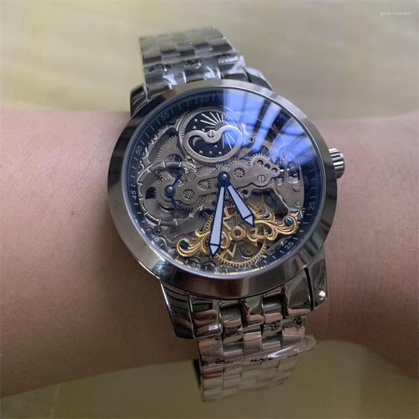 Relojes de pulsera Ventas de liquidación Marca Hombres Relojes de cuerda automática Real Acero inoxidable Hombres de negocios Reloj de pulsera Automático Esqueleto Fase lunar