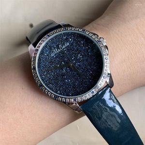 Montres-bracelets Liquidation Ventes Full MINI Sparkly Blue Crystals Perles Montres Femmes Superbe Marque De Mode Véritable Montre-Bracelet En Cuir Quartz 3ATM