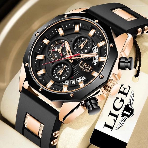 Montre-bracelettes horloge lige silicone watch man top marque fashion hommes regardent sport militaire quartz wristwatch mâle chronograph reloj hombre