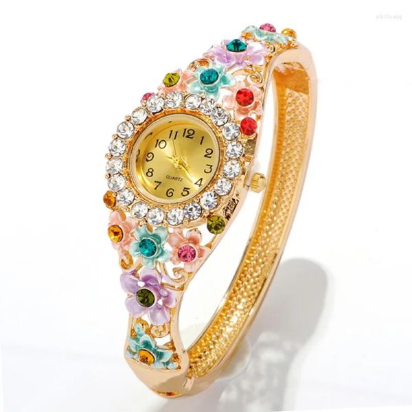 Relojes de pulsera Colorido Cloisonne Hueco Brazalete Reloj Joyería Esmalte chino Aleación chapada en oro Moda Mujer Joyería Accesorios Regalo