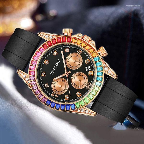 Montres-bracelets Diamant Coloré Glacé Lunette Montre À Quartz Hommes De Luxe Hip Hop Hommes Strass Pierre Incrustation Montres Homme Montre-Bracelet Mâle Horloge