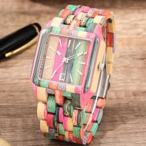 Montre-bracelets colorés carré en bois complet Watz Quartz hommes femmes regardent un cadran minimaliste avec des cadeaux en bois rétro calendrier pour papa GRA2697