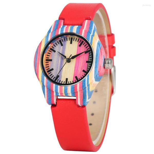 Montres-bracelets Rayures colorées Montre en bois Montre-bracelet à quartz pour femme Bracelet en cuir PU Affichage 12 heures Mode Cadran rond Cadeaux féminins