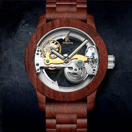 Polshorloges kleurplaten mode heren houten mechanische horloges creatieve holle wijzerplaat casual top mannelijke automatische polswatchwristwatches wri