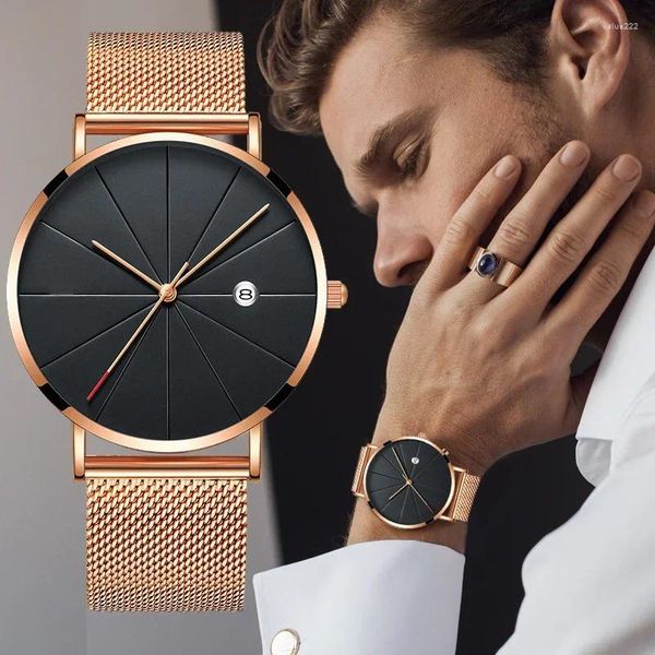 Montres-bracelets Calendrier complet Montre pour hommes ultra mince en acier inoxydable Bande de maille Montres à quartz Montres pour hommes Horloge Design simple Mode