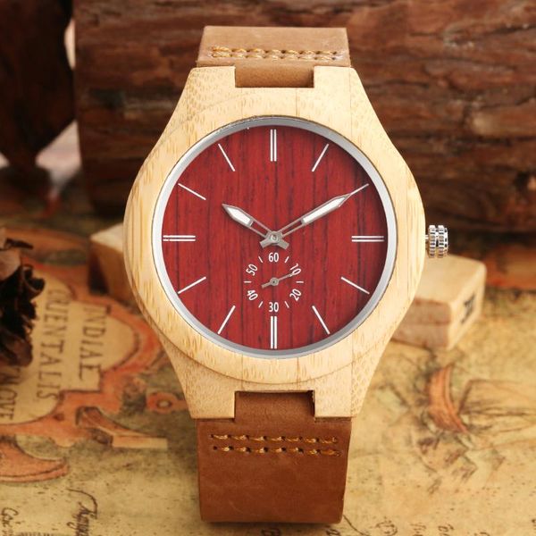 Relojes de pulsera Reloj analógico de cuarzo conciso para hombre Reloj de madera con esfera roja Relojes de madera personalizados Reloj de pulsera de cuero marrón de moda Herren Uhren