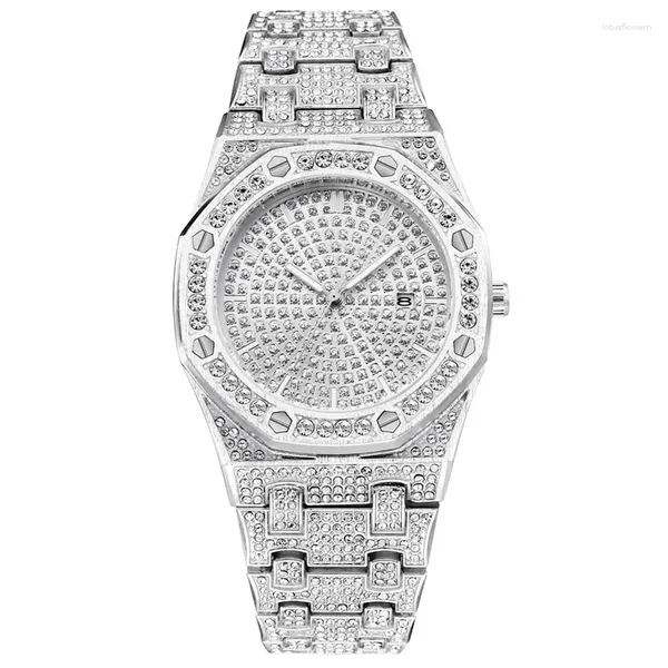 Montre-bracelets Cool Diamond Brand Watches For Men Montre Fashion Alloy Band Hip Hop Golden Cadeaux Date Quartz Horloge Relogio Masculino Ouro 2023