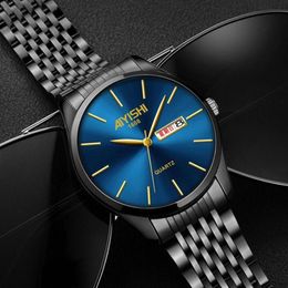 Montres-bracelets cool mat noir bleu acier montre hommes automatique date semaine fonctionnelle montre-bracelet pour homme 2021 montres top303b