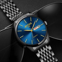 Relojes de pulsera Cool Matte Black Blue Steel Watch Men Auto Fecha Semana Funcional Reloj de pulsera para hombre 2021 Relojes Top290Q