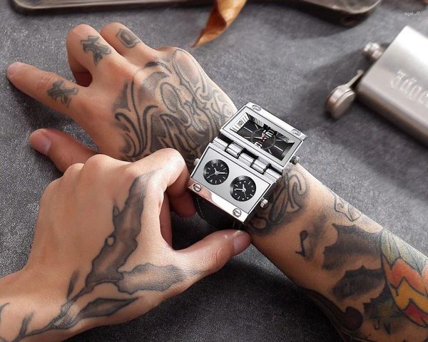 Relojes de pulsera Reloj fresco para hombres Correa de cuero de moda Dial grande Zona horaria múltiple Rectángulo Reloj masculino de cuarzo Relogio Masculino