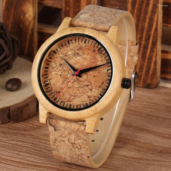 Relojes de pulsera de madera de corcho de cuero genuino para hombre, reloj de bambú analógico de cuarzo, reloj de pulsera con esfera de segundos rojo elegante Vintage, correa con hebilla