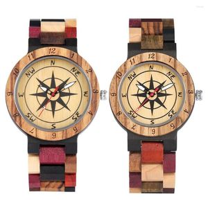 Relojes de pulsera Estilos de pareja Relojes de cuarzo de madera Brújula Dial Colorido Brazalete de madera Correa de reloj Vintage Hombres Reloj Casual Mujer