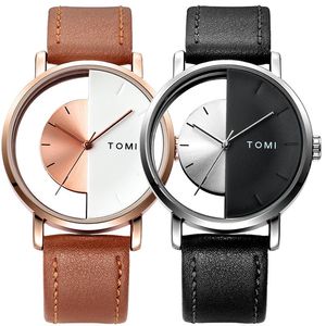 Polshorloges paar kijken creatieve half transparante unisex horloges voor mannen vrouwliefhebbers minimalistisch lederen polshorloge mode kwarts reloj