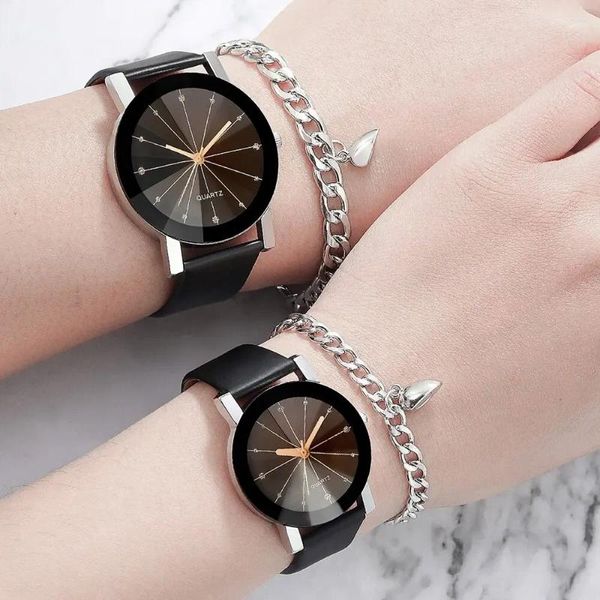 Relojes de pulsera Relojes de pareja Cinturón de cuero de imitación Reloj de cuarzo para mujeres Hombres Meridian Round Glass Dial Moda Reloj de pulsera Regalo