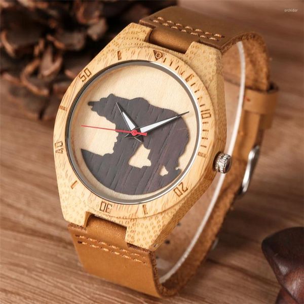 Horloges Creatieve 3D Ijsbeer Silhouet Ontwerp Houten Horloge Voor Mannen Vrouwen Cool Lederen Horloge Quartz Uurwerk Man Klok