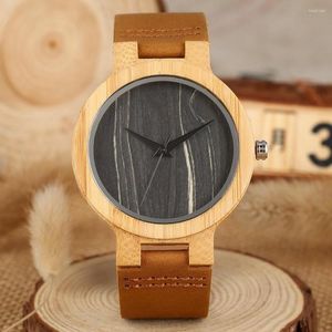 Polshorloges creatief bruin lederen houten horloge retro kwarts horloges voor mannen vrouwen casual natuurlijk houten bamboe polshorloge klok eenvoudige wijzerplaat