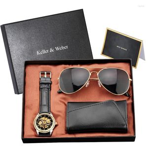 Montres-bracelets Coffret cadeau créatif pour petit ami Mari Montre-bracelet mécanique automatique pour hommes avec des lunettes de soleil cool Paquet de porte-clés en cuir