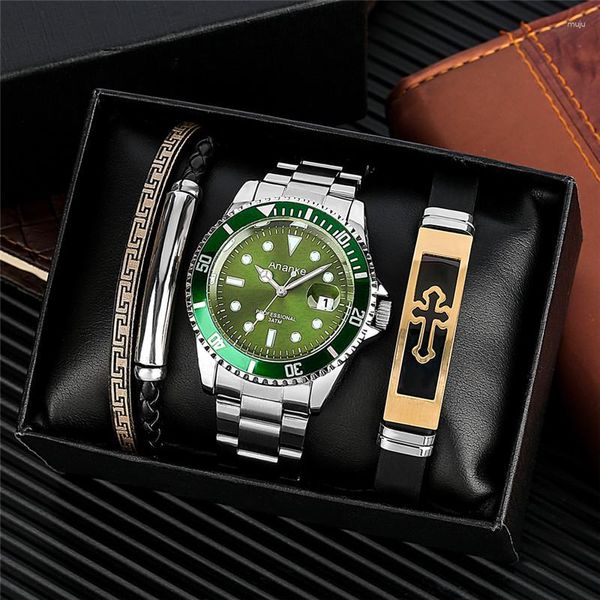 Relojes de pulsera Conjunto de regalo creativo para hombres Banda de acero plateada Reloj de pulsera de cuarzo de negocios Manecillas luminosas Pantalla de fecha con caja de pulsera de moda