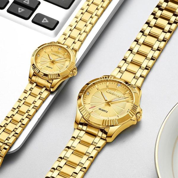 Montres-bracelets créatifs dorés à Quartz pour hommes et femmes, entièrement en acier, horloge de luxe, marque, amoureux, étanche, en or