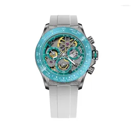 Relojes de pulsera CRONUSART Hombres Reloj automático Hueco Cronógrafo de lujo Reloj de pulsera mecánico NTPT Esqueleto Dial Luminoso Fluororubber Correa