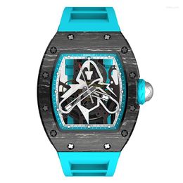 Montres-bracelets CRONUSART Hommes Montre Automatique De Luxe Tonneau Mécanique Montre-Bracelet En Fiber De Carbone Lumineux Fluororubber Bracelet Squelette Cadran