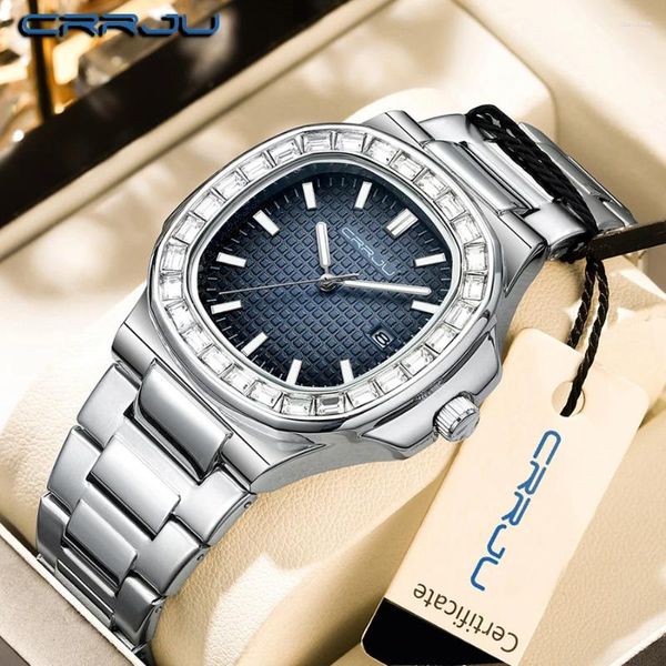 Wallwatches CRRJU Fashion Hip-Hop Men's Steel Band Faux Diamond Quartz Watch Calendar Business Relogio Masculino Wallwatch