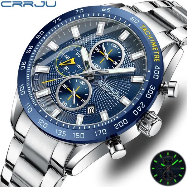 Montre-bracelets Crrju Men Watch 2024 Fashion Sports Chronograph Chronograph Sobroche en acier inoxydable avec date automatique